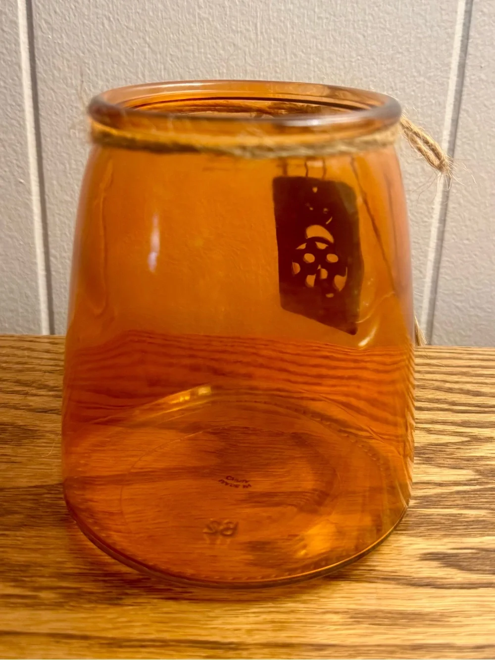 Amber Glass Jar Vase with Jute Twine & Wooden Ladybug Charm Rustic Decor